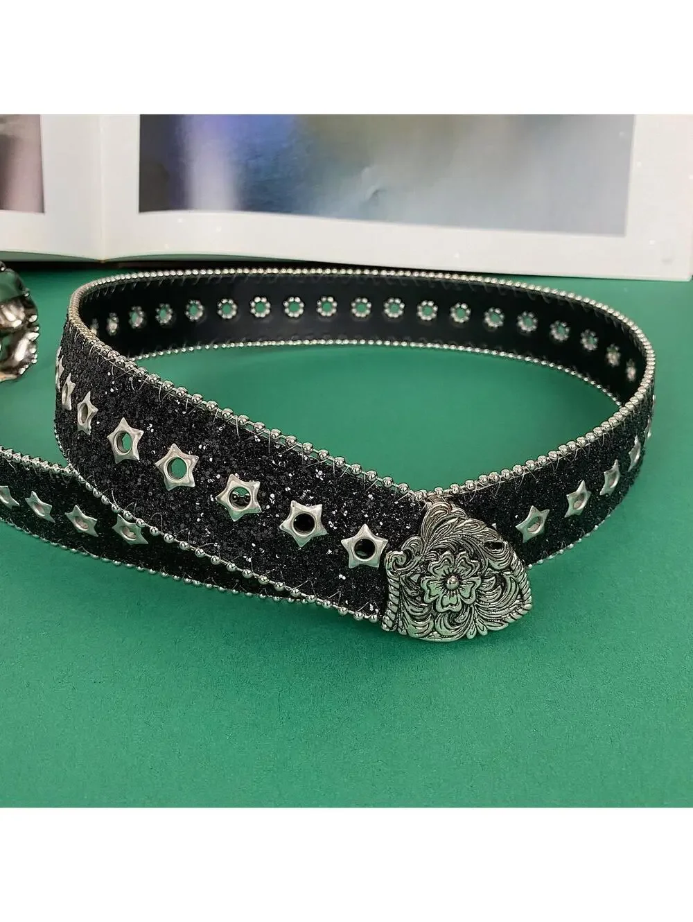 Cyber Y2k Style Studded Black and Silver 2-Tone Rhinestone belt. Cool
